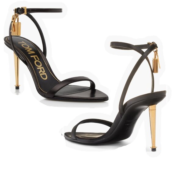 Tom Ford Padlock Naked Pointy Toe Black Leather Sandals Size 37.5 US7.5 - Picture 1 of 15